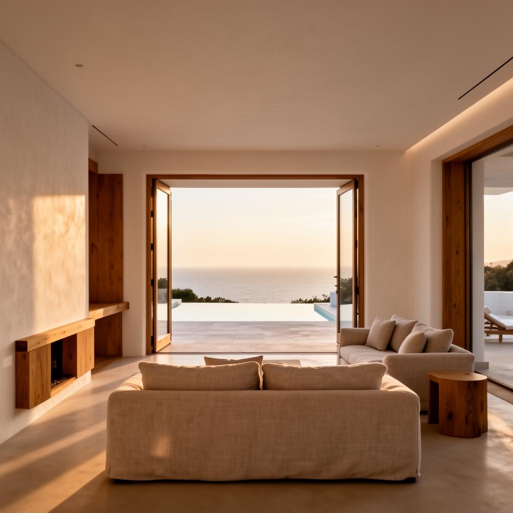 Calm, light-filled villa interior with seamless integrated technology